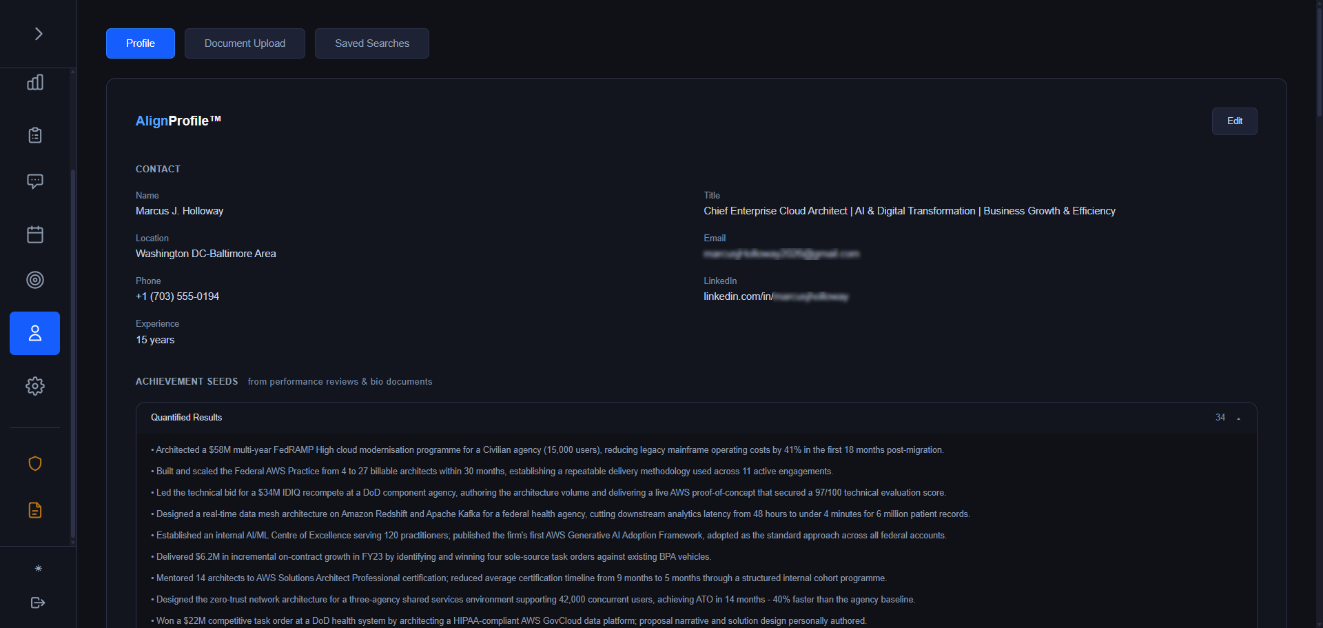 AlignProfile™ displaying a federal professional's structured profile with Achievement Seeds extracted from performance reviews, showing quantified career-narrative bullets such as leading a $58M FedRAMP cloud modernisation programme