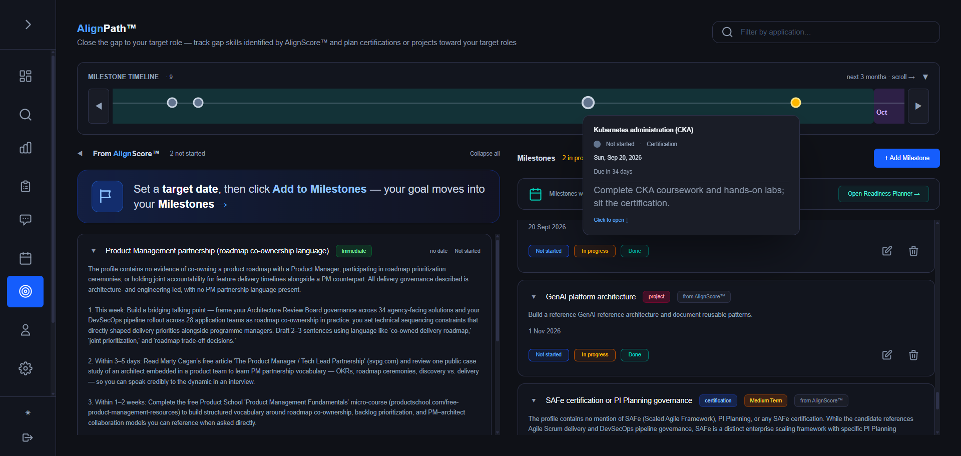 AlignPath™ showing a milestone timeline with nine tracked development goals, including a Kubernetes certification due in 34 days and a GenAI platform architecture project, all surfaced from AlignScore™ gap analysis