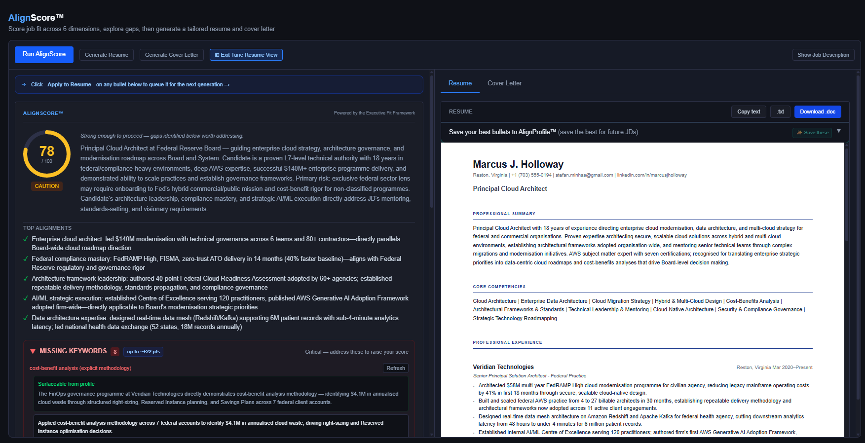 AlignScore™ analysis for a Principal Cloud Architect role at Federal Reserve Board — score 78 with a Surfaceable keyword recommendation expanded, showing the generated resume on the right in single-column, ATS-compliant format with standard section headers and clean bullet points